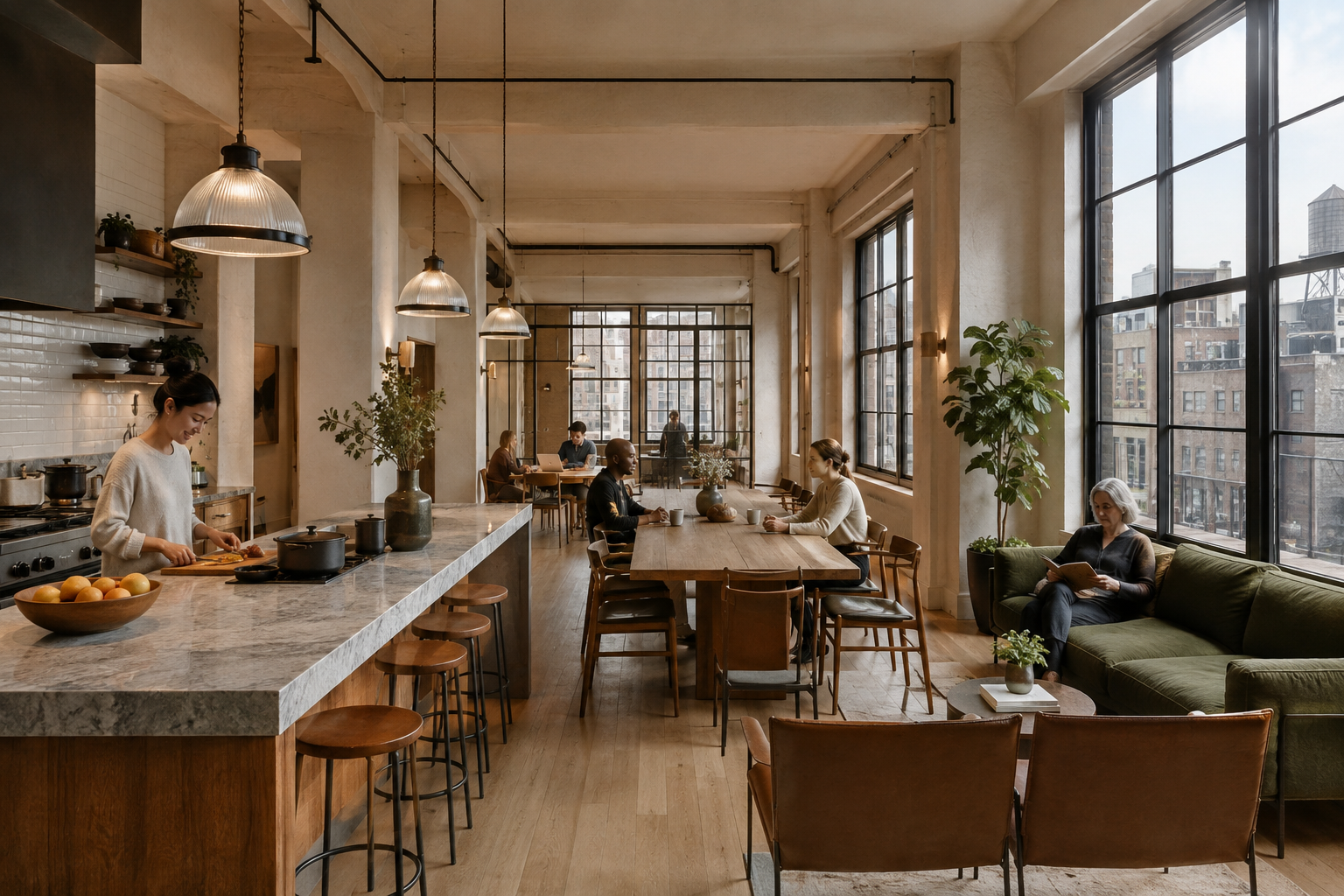 A shared kitchen, long dining table, lounge, and work area