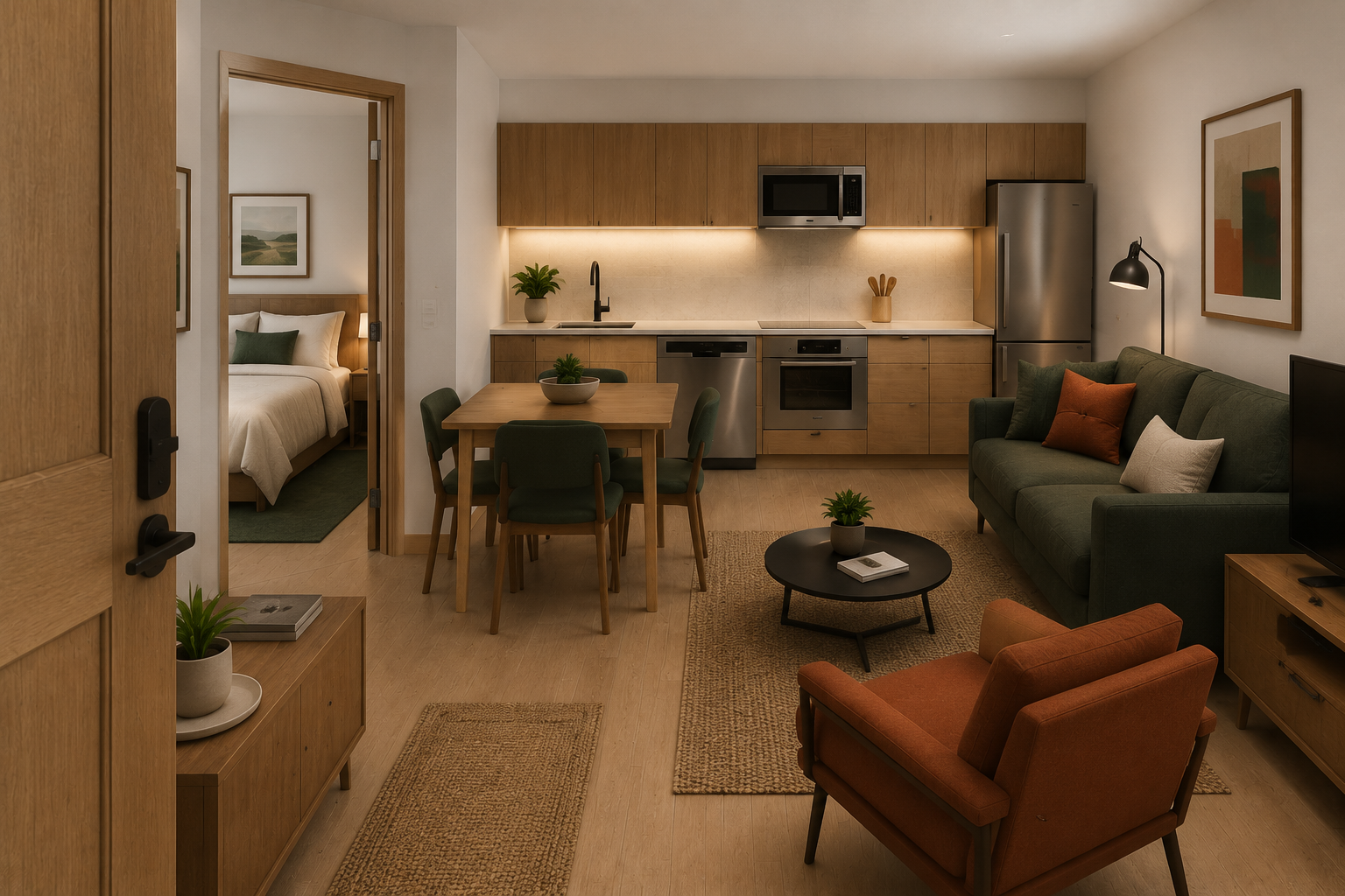 A warm private one bedroom home with a kitchen, living area, and bedroom door