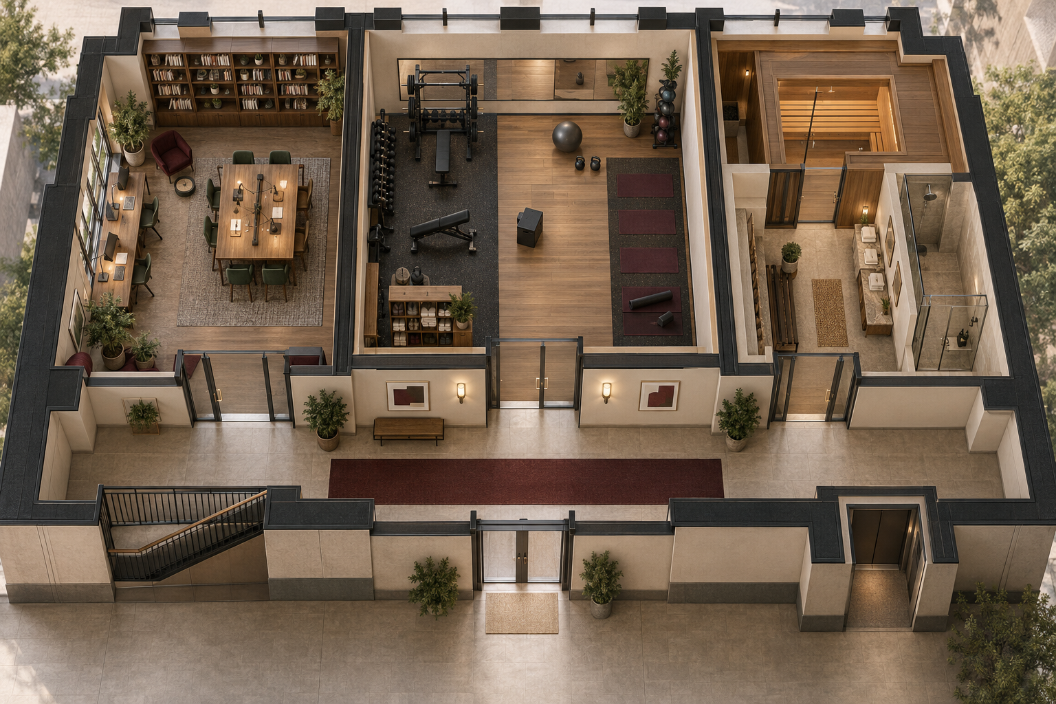 Overhead concept showing separate rooms for work, exercise, and sauna facilities